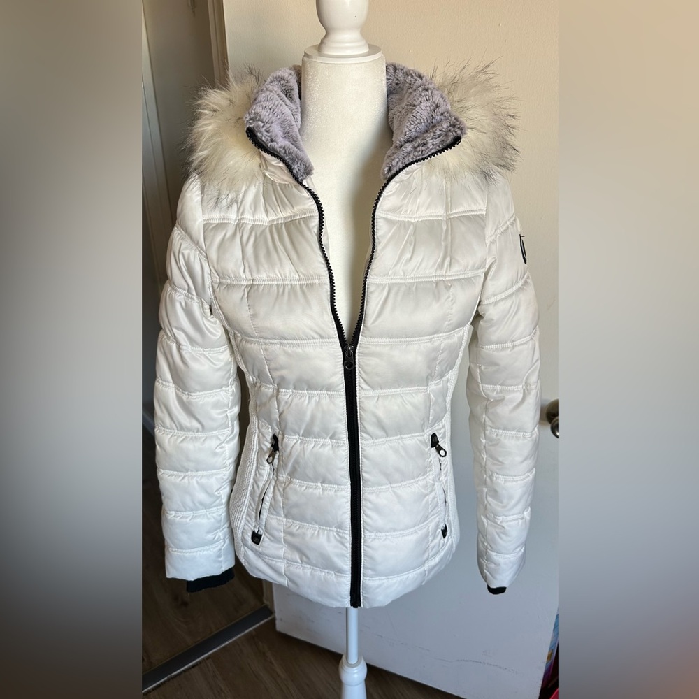 Nautica Women's White Puffer Jacket with Faux Fur Hood